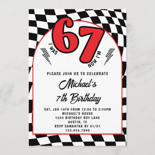 Retro Red Black Checkered 6 7 Boy 7th Birthday Einladung (Vorderseite)