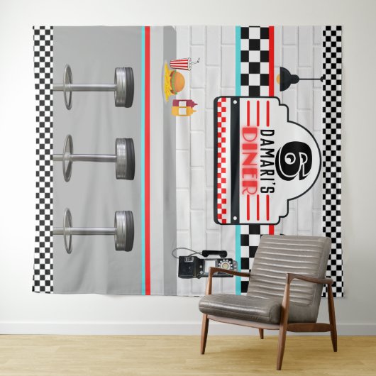 Retro Red|Blue Checkerboard Diner Counter Hintergr Wandteppich (Beispiel (Horizontal))