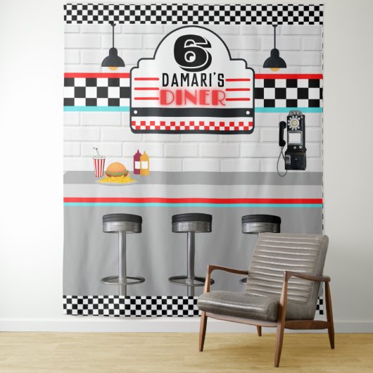 Retro Red|Blue Checkerboard Diner Counter Hintergr Wandteppich (Beispiel)