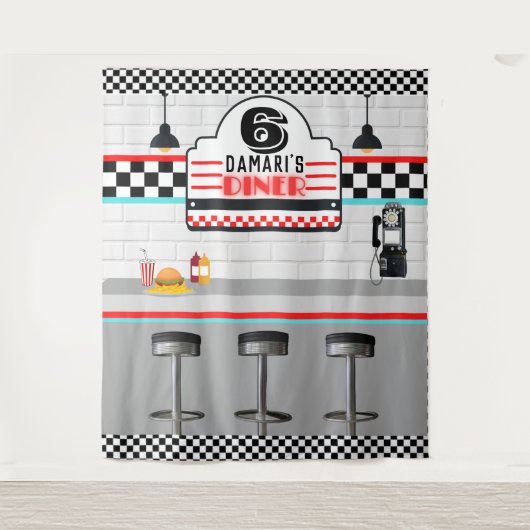 Retro Red|Blue Checkerboard Diner Counter Hintergr Wandteppich (Vorderseite)