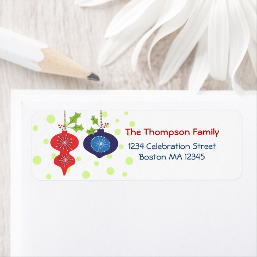 Retro Red & Blue Ornament Holiday Address Labels (Insitu)