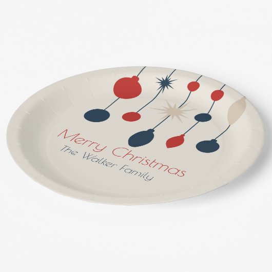 Retro Red Blue Ornaments Weihnachts-Party Pappteller (Schrägansicht)