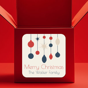Retro Red Blue Ornaments Weihnachts-Party Quadratischer Aufkleber