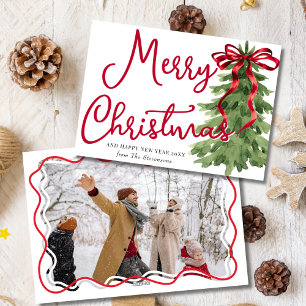 Retro Red Bow Pine Squiggle Rahmen Foto Weihnachte Feiertagskarte