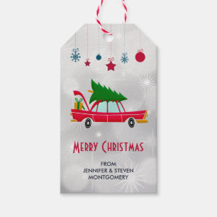 Retro Red Car Carry ein Weihnachtsbaum Geschenkanhänger
