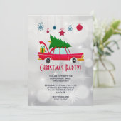 Retro Red Car Carry ein Weihnachtsbaum Party Einladung (Stehend Vorderseite)