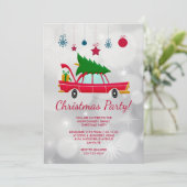 Retro Red Car Carry ein Weihnachtsbaum Party Einladung (Stehend Vorderseite)