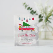 Retro Red Car & Christmas Tree Save the Date Postkarte (Stehend Vorderseite)