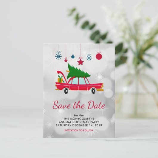 Retro Red Car & Christmas Tree Save the Date Postkarte (Stehend Vorderseite)
