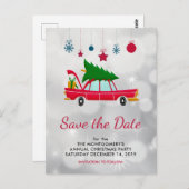 Retro Red Car & Christmas Tree Save the Date Postkarte (Vorne/Hinten)