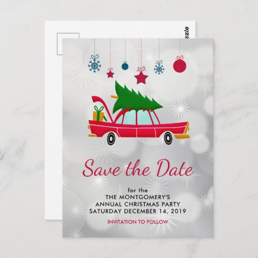 Retro Red Car & Christmas Tree Save the Date Postkarte (Vorne/Hinten)