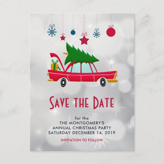 Retro Red Car & Christmas Tree Save the Date Postkarte (Vorderseite)