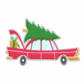 Retro Red Car mit einem Weihnachtsbaum Aufkleber (Vorderseite)