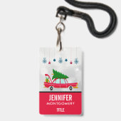 Retro Red Car mit einem Weihnachtsbaum Ausweis (Rückseite mit Lanyard)