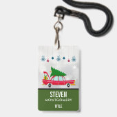 Retro Red Car mit einem Weihnachtsbaum Ausweis (Vorderseite mit Lanyard)