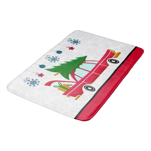 Retro Red Car mit einem Weihnachtsbaum Badematte (Schrägansicht)