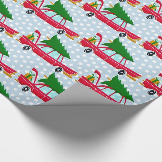 Retro Red Car mit einem Weihnachtsbaum Geschenkpapier (Ecke)
