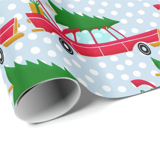 Retro Red Car mit einem Weihnachtsbaum Geschenkpapier (Rolleneckpunkt)