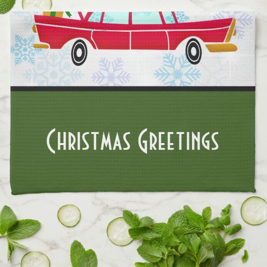 Retro Red Car mit einem Weihnachtsbaum Geschirrtuch (Gefaltet)