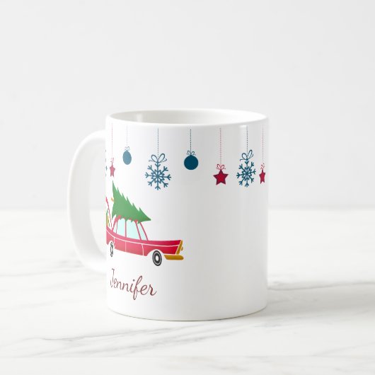Retro Red Car mit einem Weihnachtsbaum Kaffeetasse (Vorderseite Links)