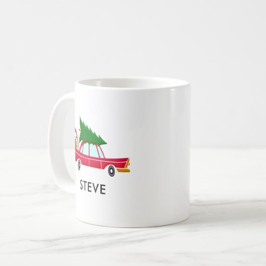 Retro Red Car mit einem Weihnachtsbaum Kaffeetasse (Vorderseite Links)