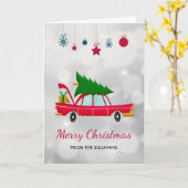 Retro Red Car mit einem Weihnachtsbaum Karte (Gelbe Blume)