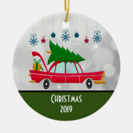 Retro Red Car mit einem Weihnachtsbaum Keramik Ornament