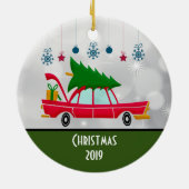 Retro Red Car mit einem Weihnachtsbaum Keramik Ornament (Hinten)