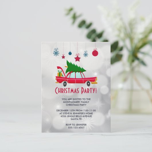 Retro Red Car mit einem Weihnachtsbaum laden Postkarte (Stehend Vorderseite)