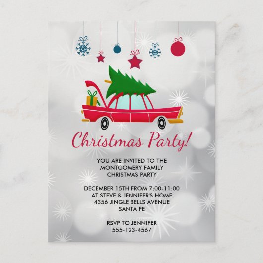 Retro Red Car mit einem Weihnachtsbaum laden Postkarte (Vorderseite)
