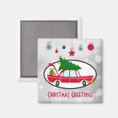 Retro Red Car mit einem Weihnachtsbaum Magnet (Vorderseite/Rückseite)
