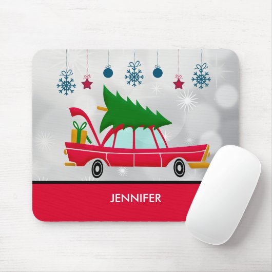 Retro Red Car mit einem Weihnachtsbaum Mousepad (Mit Mouse)