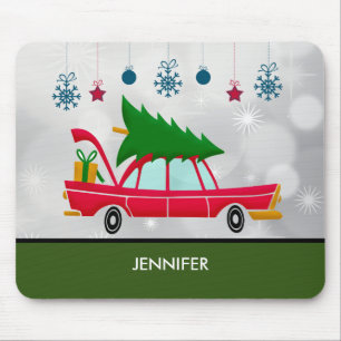 Retro Red Car mit einem Weihnachtsbaum Mousepad