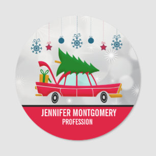 Retro Red Car mit einem Weihnachtsbaum Namensschild