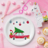 Retro Red Car mit einem Weihnachtsbaum Pappteller (Party)