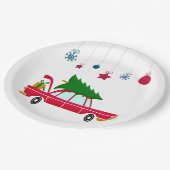 Retro Red Car mit einem Weihnachtsbaum Pappteller (Schrägansicht)