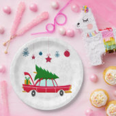 Retro Red Car mit einem Weihnachtsbaum Pappteller (Party)
