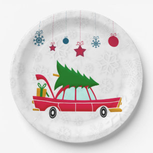 Retro Red Car mit einem Weihnachtsbaum Pappteller