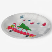 Retro Red Car mit einem Weihnachtsbaum Pappteller (Schrägansicht)