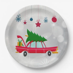 Retro Red Car mit einem Weihnachtsbaum Pappteller