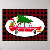 Retro Red Car mit einem Weihnachtsbaum Poster (Vorne)