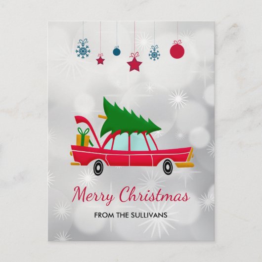 Retro Red Car mit einem Weihnachtsbaum Postkarte (Vorderseite)