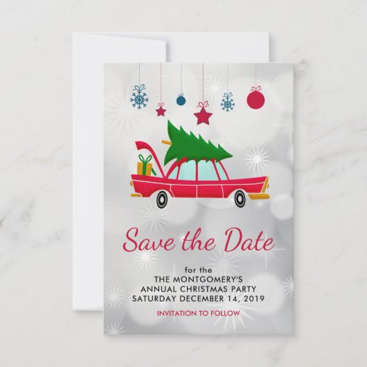 Retro Red Car mit einem Weihnachtsbaum Save The Date (Vorderseite)