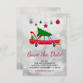 Retro Red Car mit einem Weihnachtsbaum Save The Date (Vorne/Hinten)