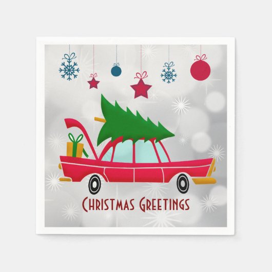 Retro Red Car mit einem Weihnachtsbaum Serviette (Vorderseite)