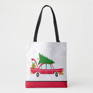 Retro Red Car mit einem Weihnachtsbaum Tasche