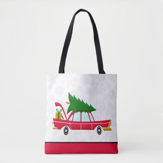 Retro Red Car mit einem Weihnachtsbaum Tasche (Vorderseite)