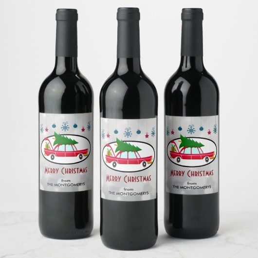 Retro Red Car mit einem Weihnachtsbaum Weinetikett (Flaschen)