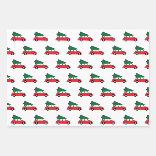 Retro Red Car mit Weihnachtsbaum auf Dach Geschenkpapier Set (Vorderseite 3)