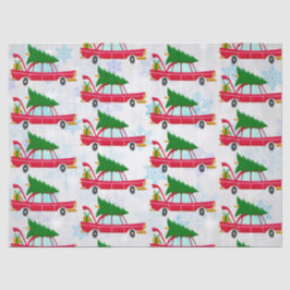Retro Red Car Tragend ein Weihnachtsbaummuster Seidenpapier